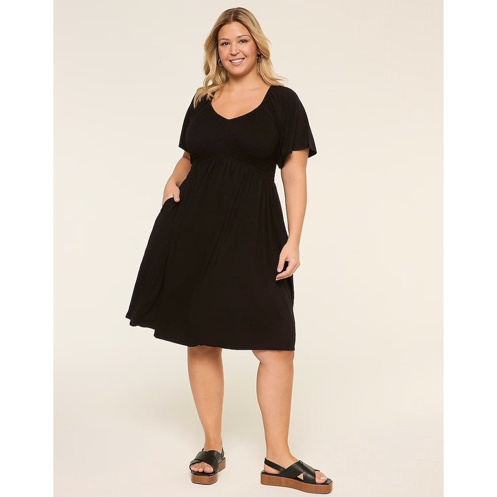 Lane Bryant Black Smocked Puff Sleeve Midi Dress Pockets Plus Size 14/16P Petite
